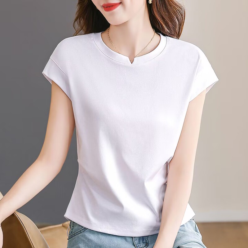 2026 New Style Artistic Retro Slim-Fit White T-Shirt for Women, Summer Round Neck Versatile Elegant Short-Sleeve Women's Plus-Size Top