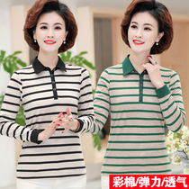 Middle Aged Pure Cotton T-shirt Woman Spring Autumn New Big Code Mom Dress Up Collar Long Sleeve Womens Full Cotton Thickened Striped Blouse