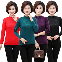 Middle Aged Long Sleeve T-Shirt Woman Pure Cotton Mom Loaded Full Cotton Thin and half high collar Compassionate Spring Autumn Clothing Elastic undershirt