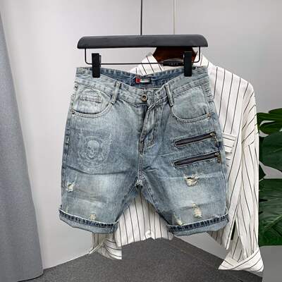 Blue trendy and personalized zipper patchwork slimming ripped denim shorts for men and young people's summer new 4/4 pants trend