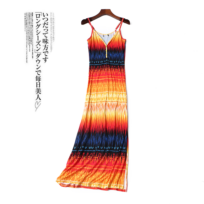 3322 3322 2020 summer new fashion V collar harness sexy printed holiday wind long dress Skinny dress
