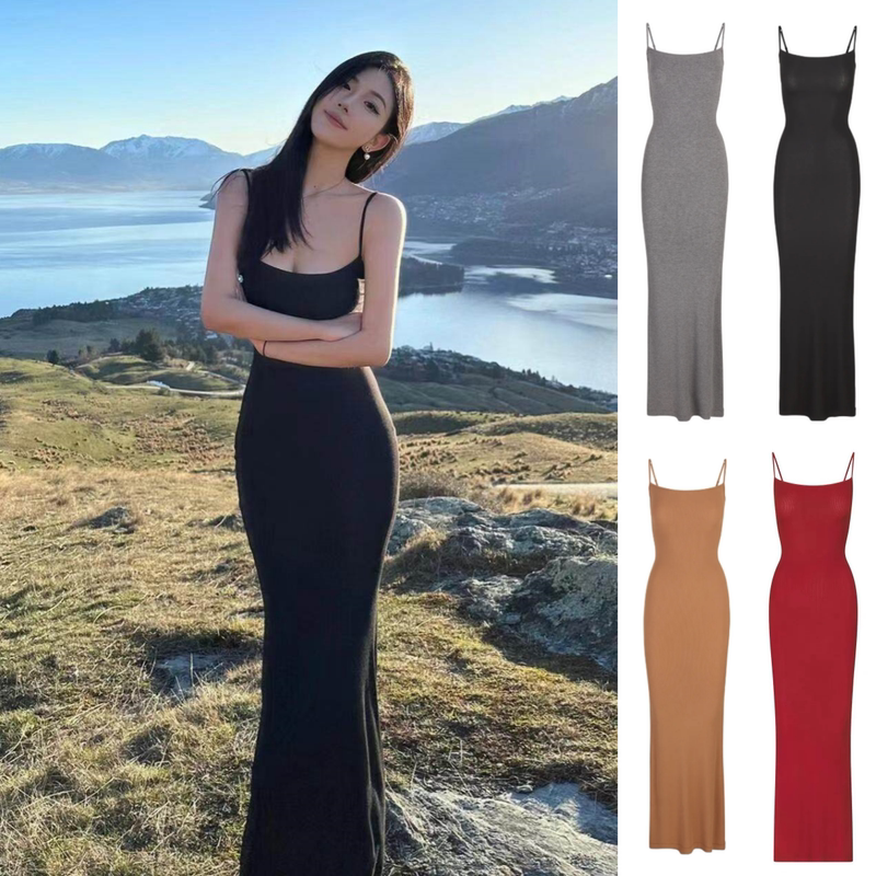 Authentic American Skims Classic Kardashian-Style Spaghetti Strap Long Dress, Sexy and Slim-Fitting Bodycon Dress