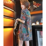 Хлопковая длинная летняя футболка с коротким рукавом, средней длины, свободный крой, большой размер