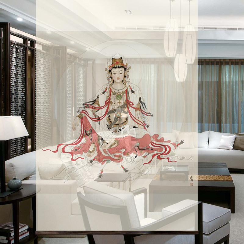 Heterochromatic translucent hanging curtain Creative Screen Xuanguan Partition New Chinese Roller Blind Living Room Hanging Curtain Guanyin 0247