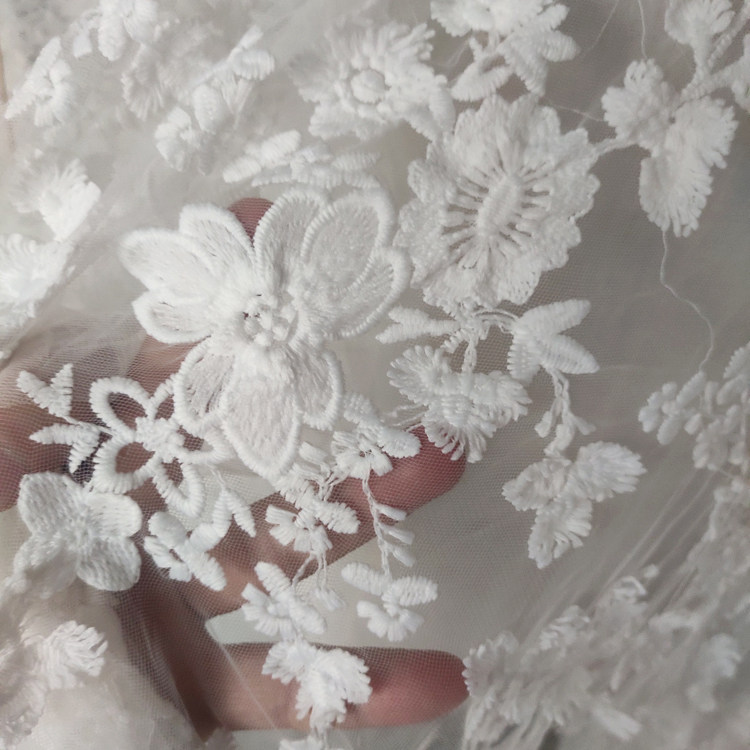 1yard White gauze milk silk embroidery dress skirt fabric 3D embroidery  flower leaves curtain women's lace cloth