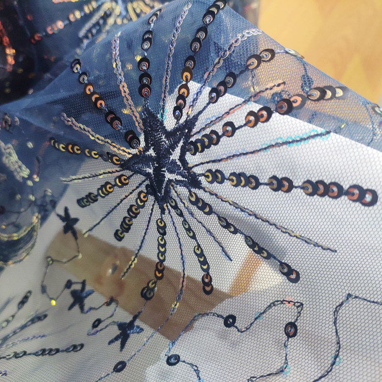 1meter Stars and moon sequined yarn cloth dress see-through sequined dress fashion designer mesh embroidery fabric