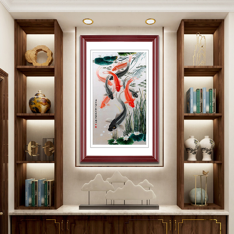 Ancient Wu Nühong handmade Suzhou embroidery painting living room Su embroidery finished hanging painting entrance decoration painting nine fish year after year