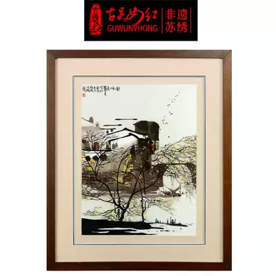 Ancient Wu female red Su embroidery finished painting pure hand Suzhou embroidery painting living room porch decoration painting Jiangnan water town