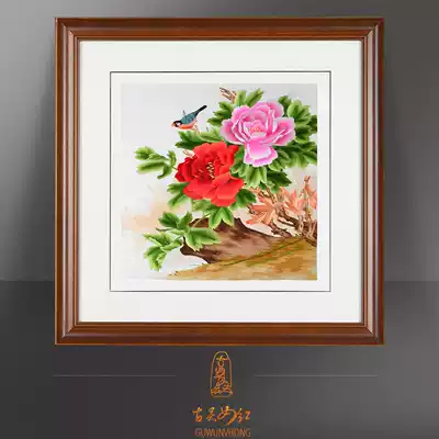 Ancient Wu female red Su embroidery finished hanging painting handmade Chinese living room entrance Suzhou embroidery decorative painting rich peony