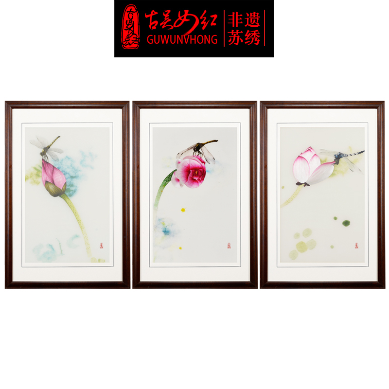 Ancient Wu woman red 1-4 silk Su embroidery finished product hanging painting embroidery drawing living room decoration painting Chinese style Xuanguan pure handmade lotus flower