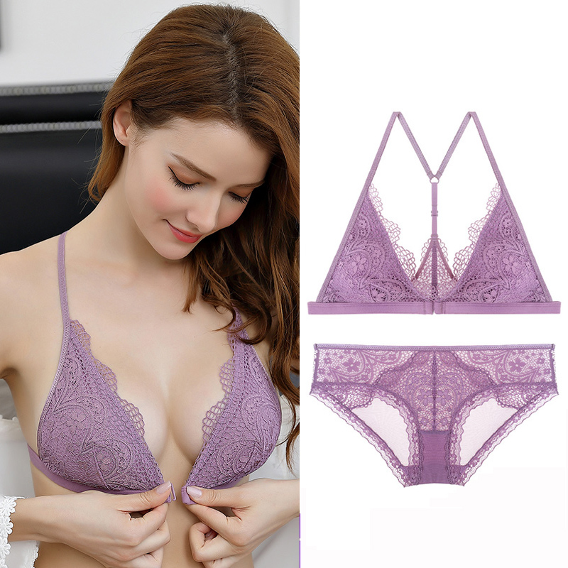 Underwear women's no steel ring small chest beauty back bra French triangle cup ultra-thin gathered sexy lace bra set