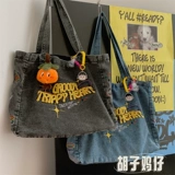 胡子鸡仔 Джинсовый вместительный и большой шоппер, универсальная сумка на одно плечо, в американском стиле, с вышивкой