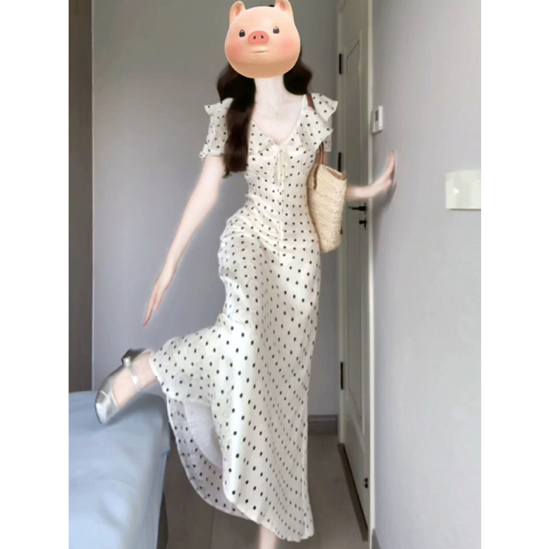 French Ruffled Polka-Dot Puff Sleeve Dress for Women 2025 Summer New Style Elegant Seaside Resort Style Long Dress