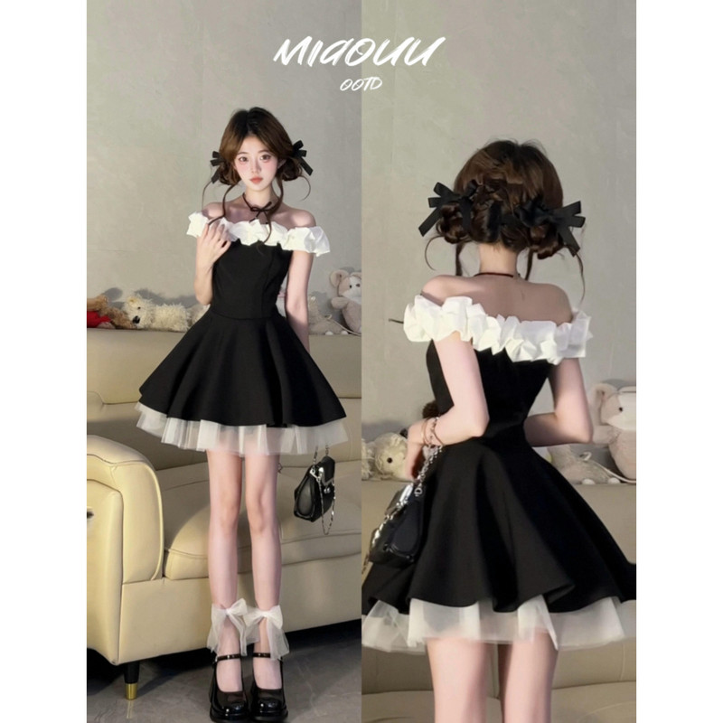 French Hepburn Style One-Shoulder Dress for Women, Summer Sweet First Love Princess Tutu Skirt, Waist-Cinching Short Skirt for Petite Figures