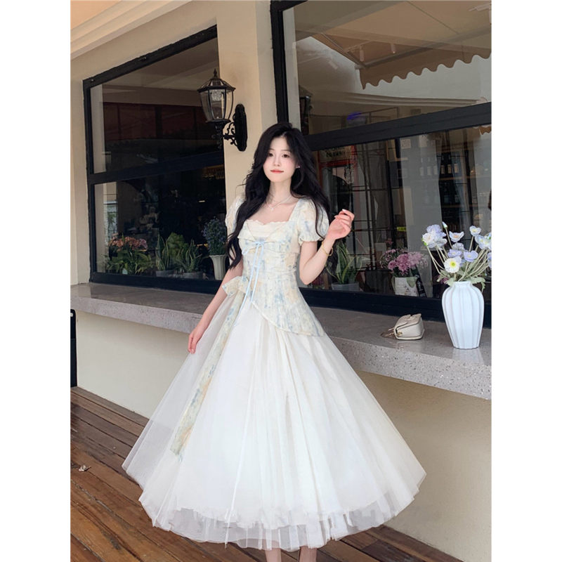 French-Style Sweet Two-Piece Short-Sleeved Dress for Women, Summer High-End Elegant Waist-Cinching Long Dress for Petite Figures