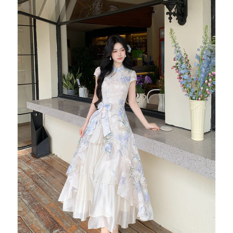 New Chinese-Style National Style Improved Cheongsam Printed Dress for Women, Summer Irregular High-End Elegant Waist-Cinching Long Dress New Chinese-Style National Style Improved Cheongsam Printed Dress for Women, Summer Irregular High-End Elegant Waist-Cinching Long Dress