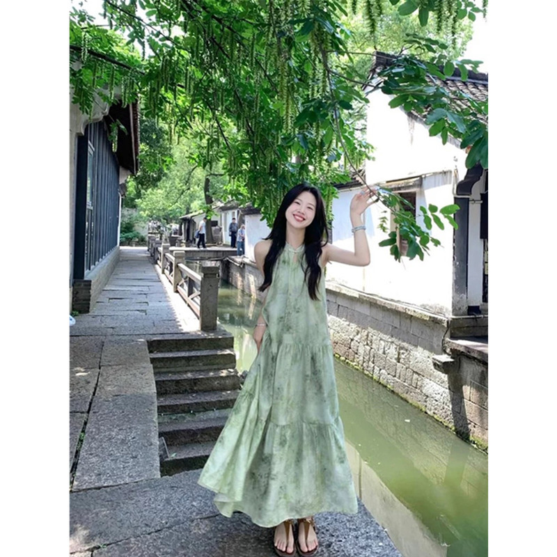 New Chinese Style National Style Women's Green Halterneck Dress Summer Petite Temperament Beautiful Sleeveless Printed Long Skirt