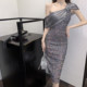 Temperament Craft Sequins and Organza Skirt Goddess Fan Summer Niche Slanted Shoulder Party Holiday Dress Dress