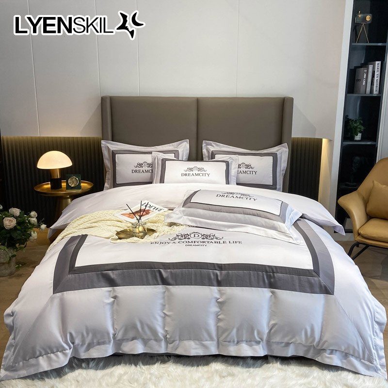 Nordic minimalist 60 long suede cotton wide edge pure colour full cotton four sets pure cotton embroidered bed linen bed bedding