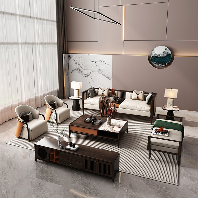 New Chinese solid wood sofa composition Ukim wood modern minimalist villa size family style living room light and luxurious furniture custom-made-Taobao