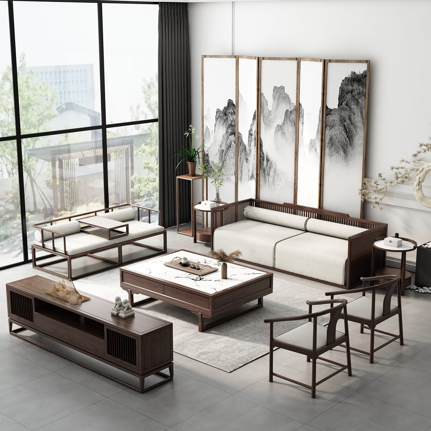 New Chinese style sofa combination modern minimalist Zen solid wood sofa living room large and small apartment villa homestay furniture