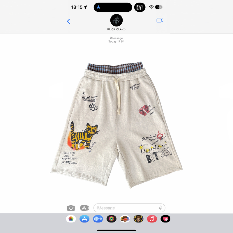 Klickclak Rice Gray Washed Double Waist Patchwork Graffiti Cropped Sweatpants Shorts
