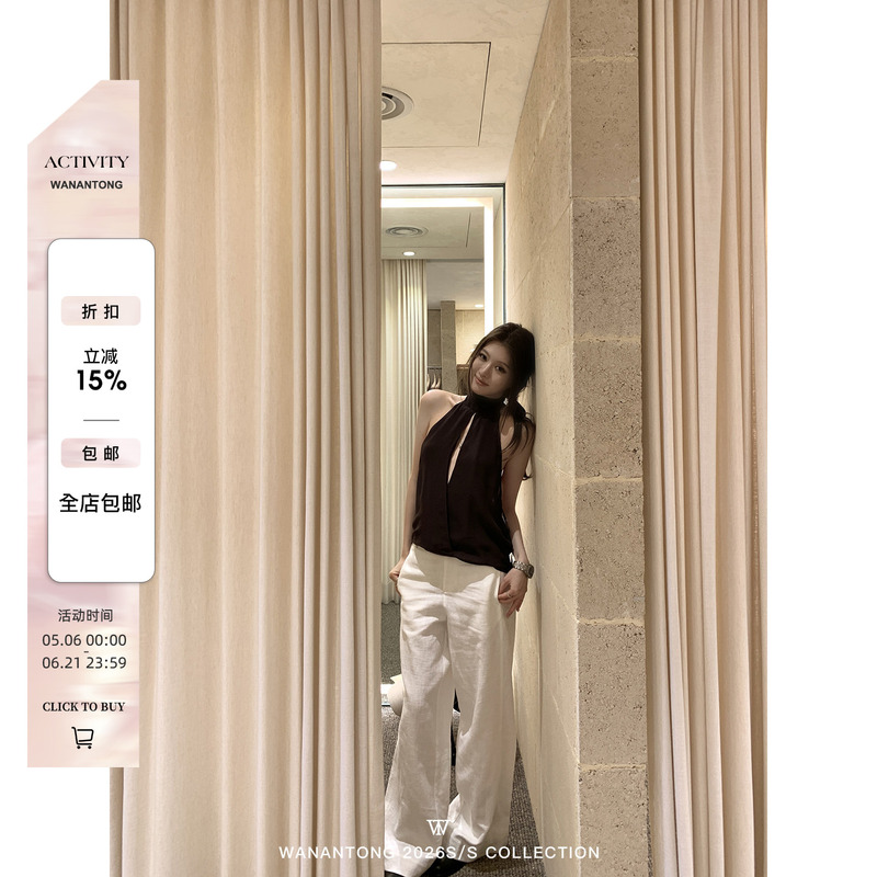 Wanantong Comfortable and Flattering, Super Slimming, Double-Layer High-Weight Ramie Wide-Leg Pants for Women, Spring Season