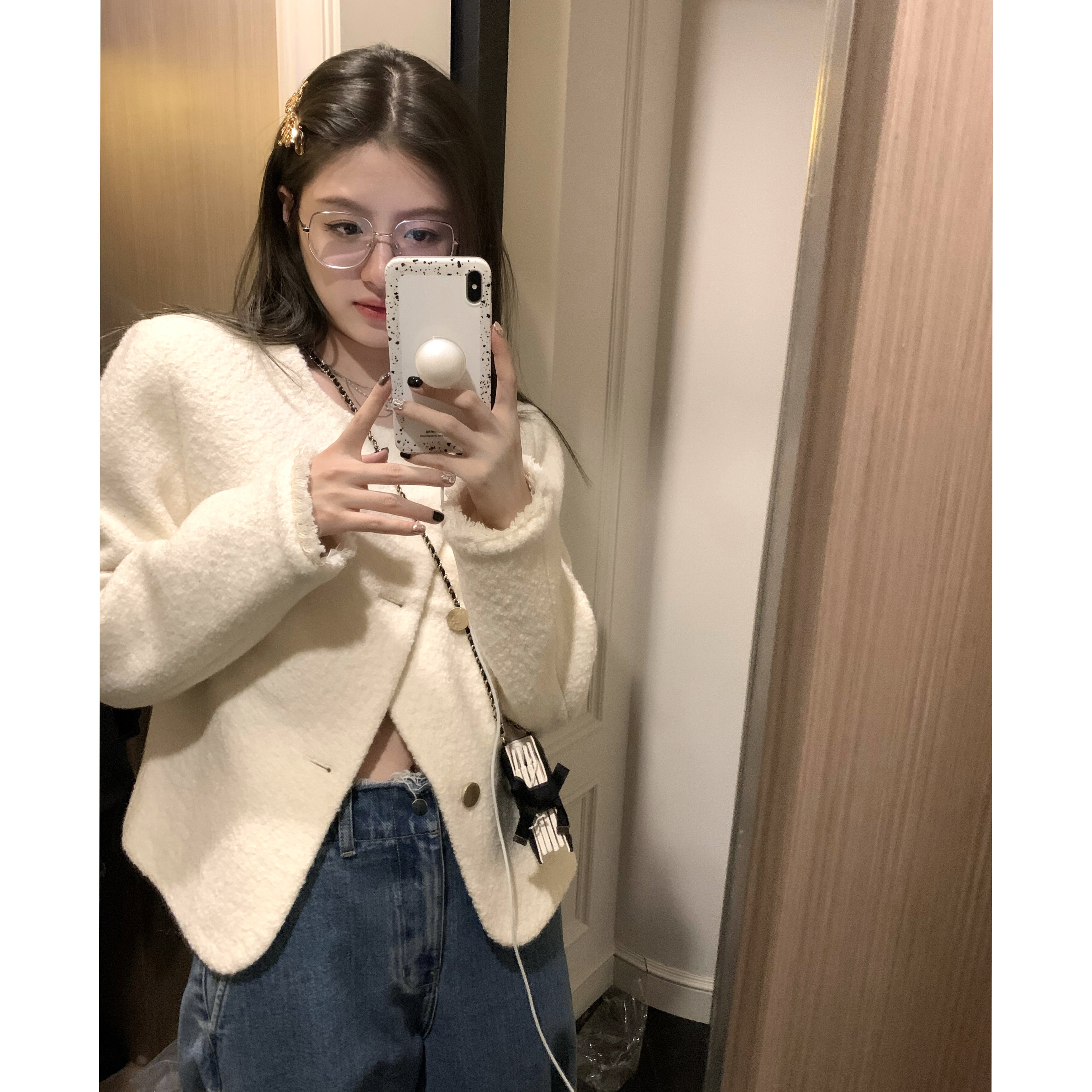WANANTONG fashionable Susu cocoa sheep wool slanted placket jacket women's autumn and winter small fragrance short top