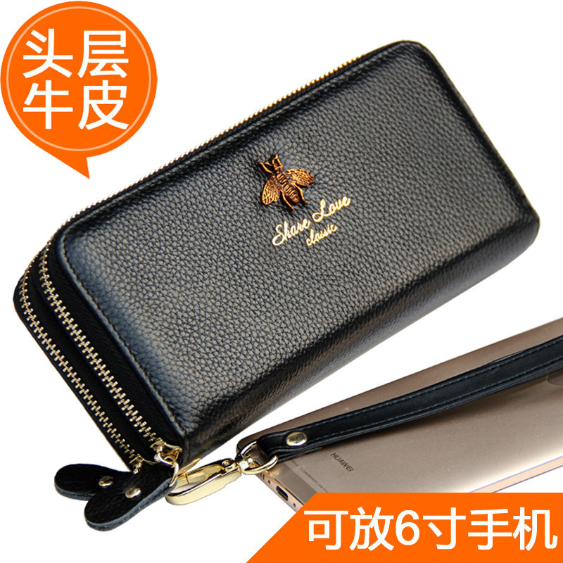 Leather women's handbag first layer cowhide wallet long version wallet zipper mobile phone bag multi-layer portable wallet yellow new