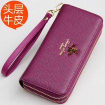 Genuine leather woman wallet long style double zipped money clip hand bag large capacity hand grip bag card bag money card integrated purple small bag