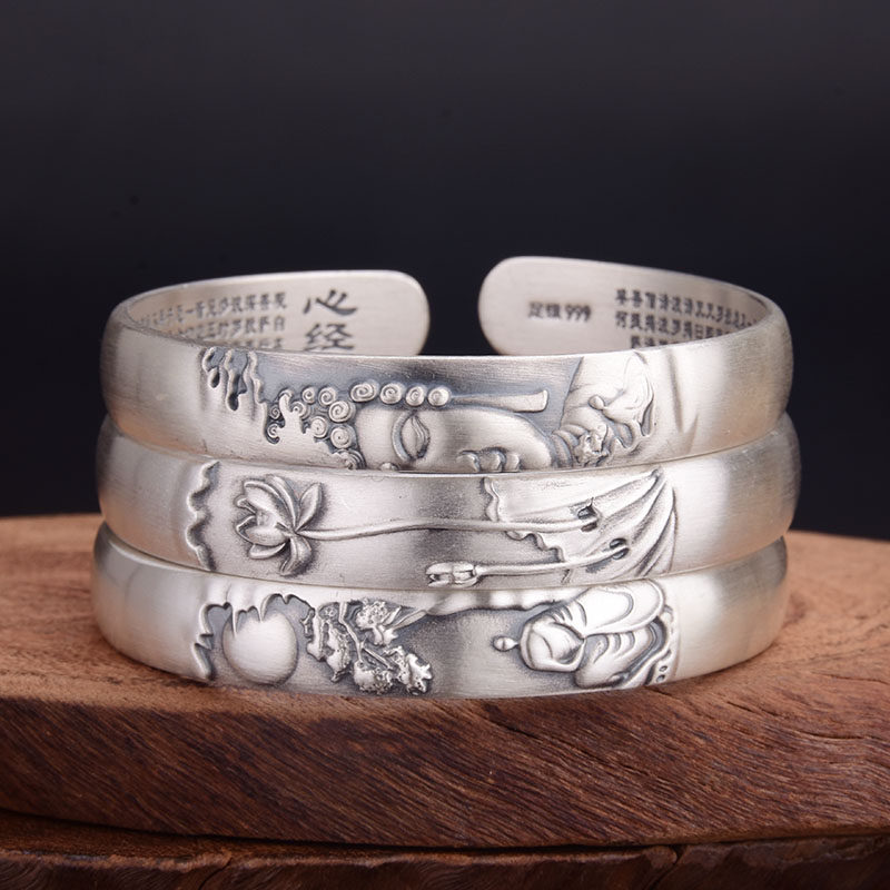 Vintage 999 Sterling Silver Anemone Wudao Half Buddha Bo Ruo Bo Ruo Honey Heart Sutra Opening Elegant relief solid silver bracelet