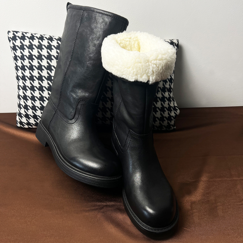 Pure Wool Lining Thick-Soled Anti-Slip Snow Boots [High-End Luxury] Washed Leather Classic Straight-Leg Riding Boots Mid-Calf Boots