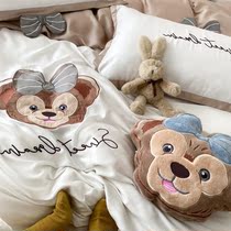 Ice silk bed with four sets of cartoon embroidered cool feeling heather covered with water washed real silk spring summer silk sliding naked bed linen