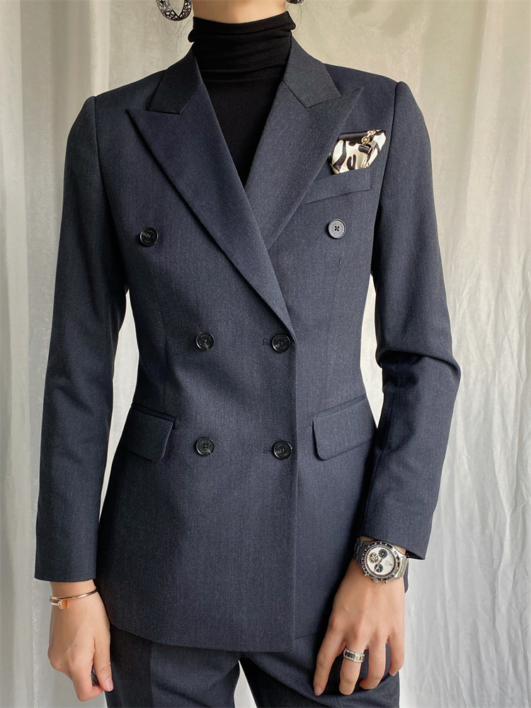 Autumn and winter herringbone pattern gray-blue double-breasted suit suit women's slim professional tooling wool custom large size senior