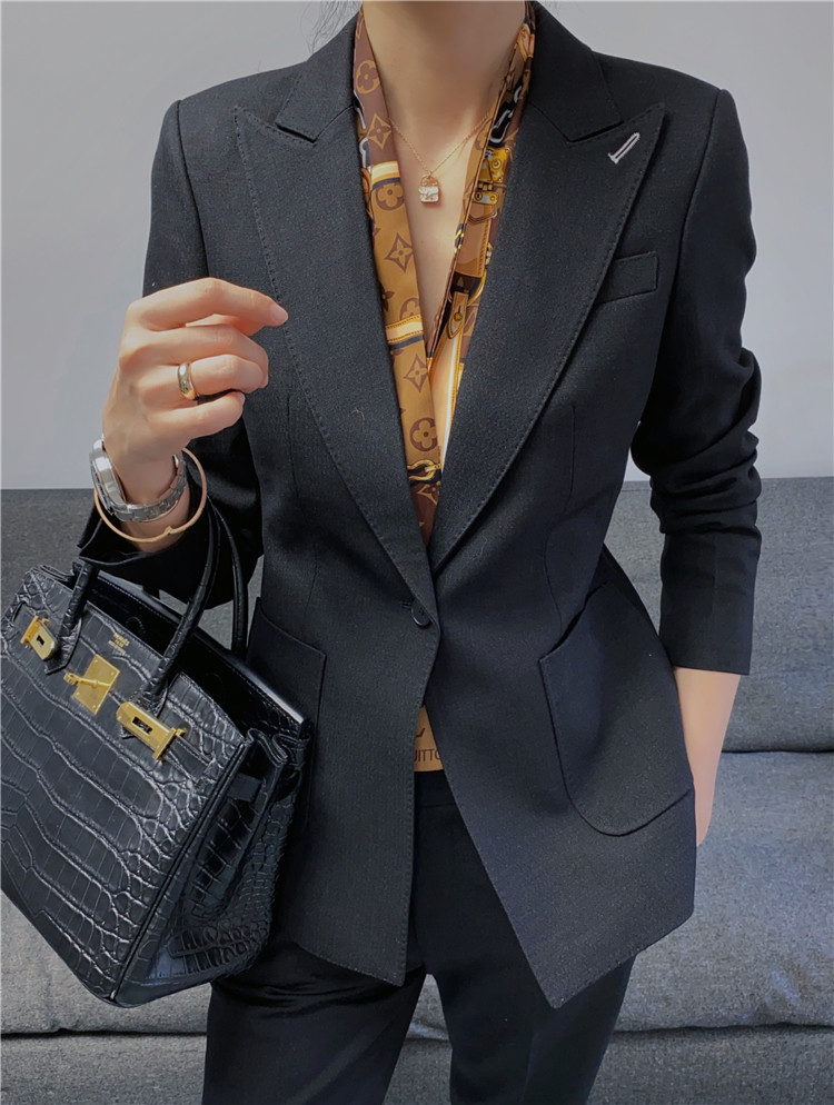One-button western black suit women's self-cultivation professional tooling interview temperament two-piece suit custom large size slim wool