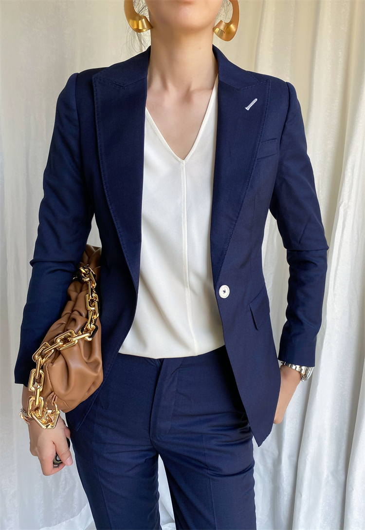 One-button suit suit women's navy blue wool slim-fit high-end office clothes two-piece temperament large size spring and autumn