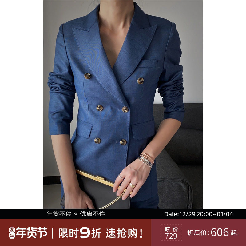 Spring and autumn high-end suit suit female blue president professional temperament high-end casual double-breasted British style yuppie
