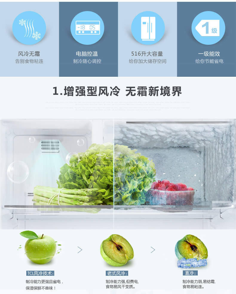 TCL BCD-516WEX60 对开门电冰箱双开门风冷无霜电脑温控 薄款