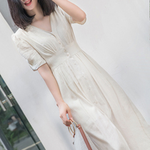 Beige cold wind V-neck thin cotton and hemp long dress dress female summer waist summer cotton jumpsuit long dress fairy