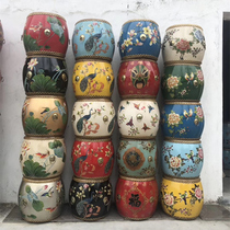 Painted new Chinese style solid wood cowhide drum stool Living room creative coffee table stool Old shoe change round stool can play drums