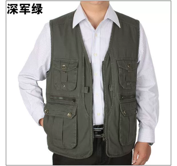 Áo vest nam trung niên mùa xuân và mùa thu mẫu cotton nhiều túi vest ngoài trời câu cá phóng viên chụp ảnh áo vest cổ chữ V áo chi lê