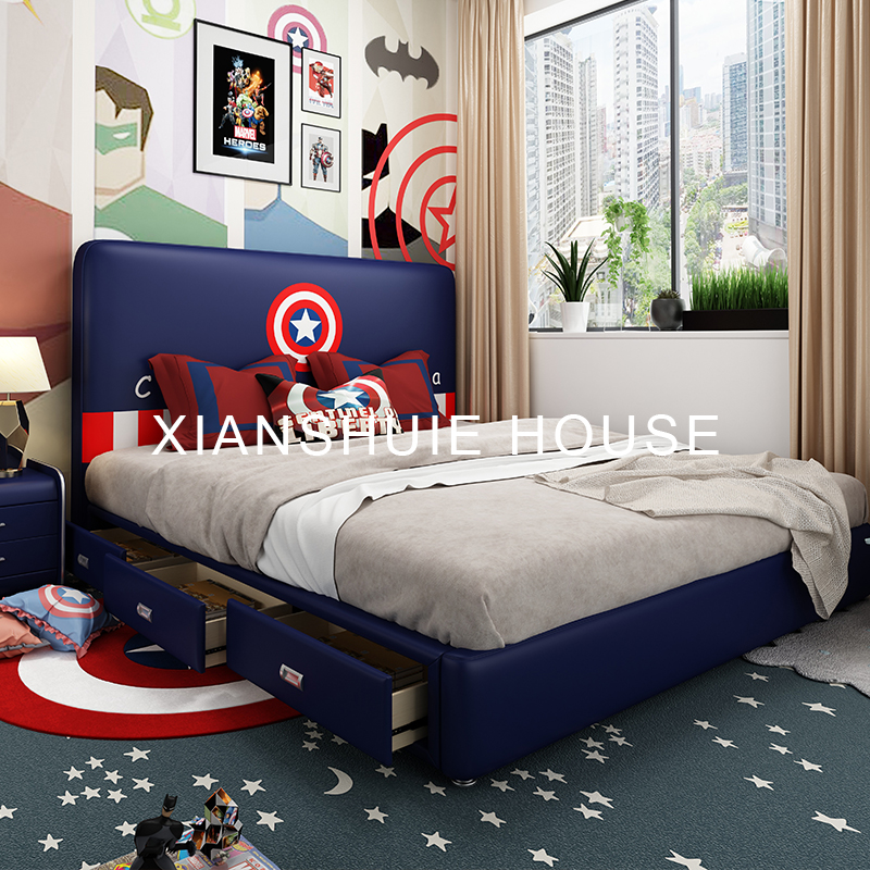 Child Bed Boy Bed Solid Wood Bed Modern Net Red Single Beds 1 2 m 1 5 m Teenagers American Captain Leather Bed