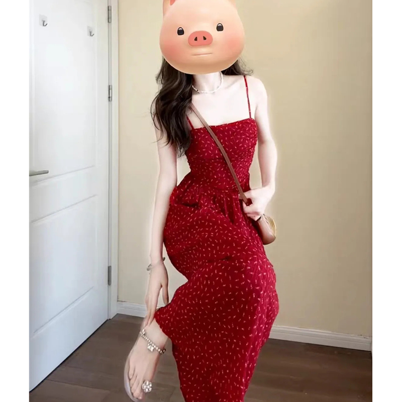 French Retro Floral Spaghetti Strap Dress for Women, Summer 2025, Petite, Elegant, Waist-Cinching, Slimming, Sleeveless Long Dress