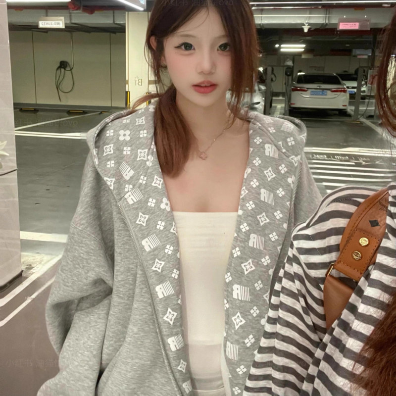 American-Style National Trend Brand Letter Print Hooded Sweatshirt for Women, New Autumn and Winter Gray Loose Cardigan Zipper Jacket, Trendy Brand American-Style National Trend Brand Letter Print Hooded Sweatshirt for Women, New Autumn and Winter Gray Loose Cardigan Zipper Jacket, Trendy Brand