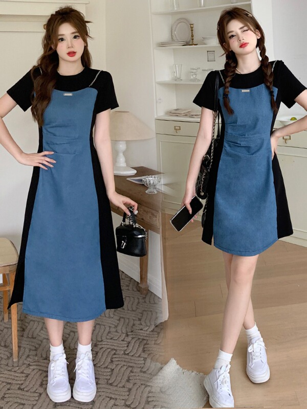 Plus-Size Retro Denim Patchwork Dress for Women, New Summer Dress for Chubby Girls, Tummy-Concealing, Slimming, Slit A-Line Short Skirt