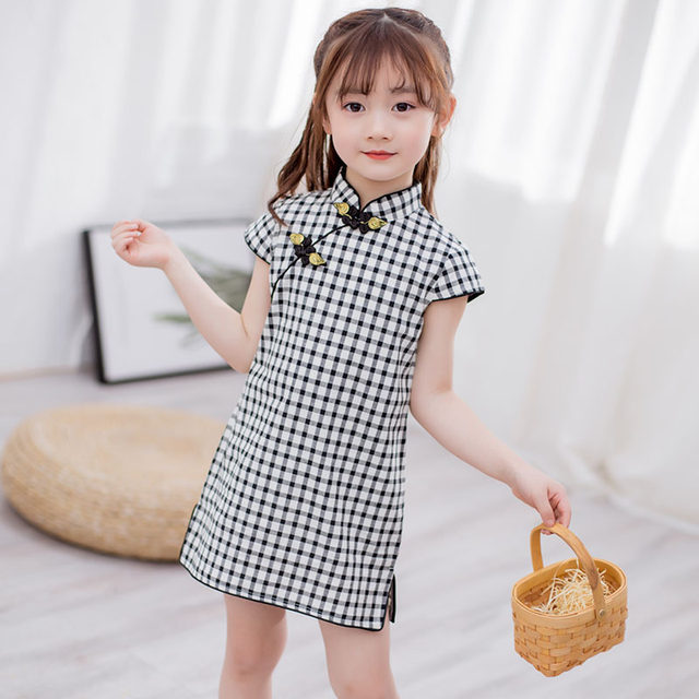 Summer children's clothing girls short-sleeved cheongsam small and medium children's ethnic Chinese style dress Tang suit casual retro girl