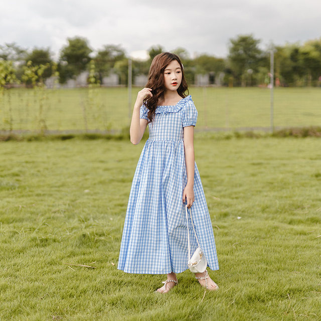 Summer girls plaid long skirt lace collar dress in the big children's short-sleeved dress skirt small fresh waist princess skirt