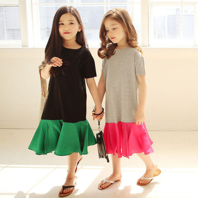 Summer girl's parent-child skirt mother-daughter dress contrast color stitching fashion casual short-sleeved skirt loose long skirt