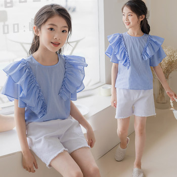 Children's clothing summer girls short-sleeved shirts denim shorts suits 2022 medium and large children's lace flying sleeves small plaid top