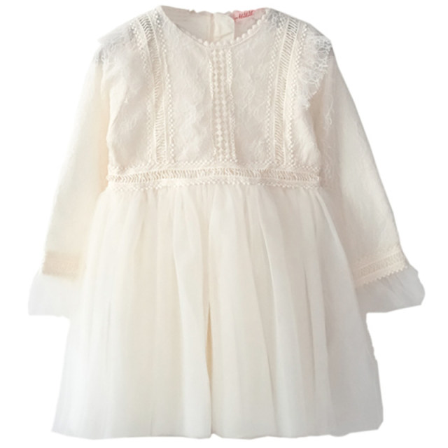 Girls' long-sleeved lace dress 2022 spring and autumn dress in the big children's white mesh skirt baby princess dress